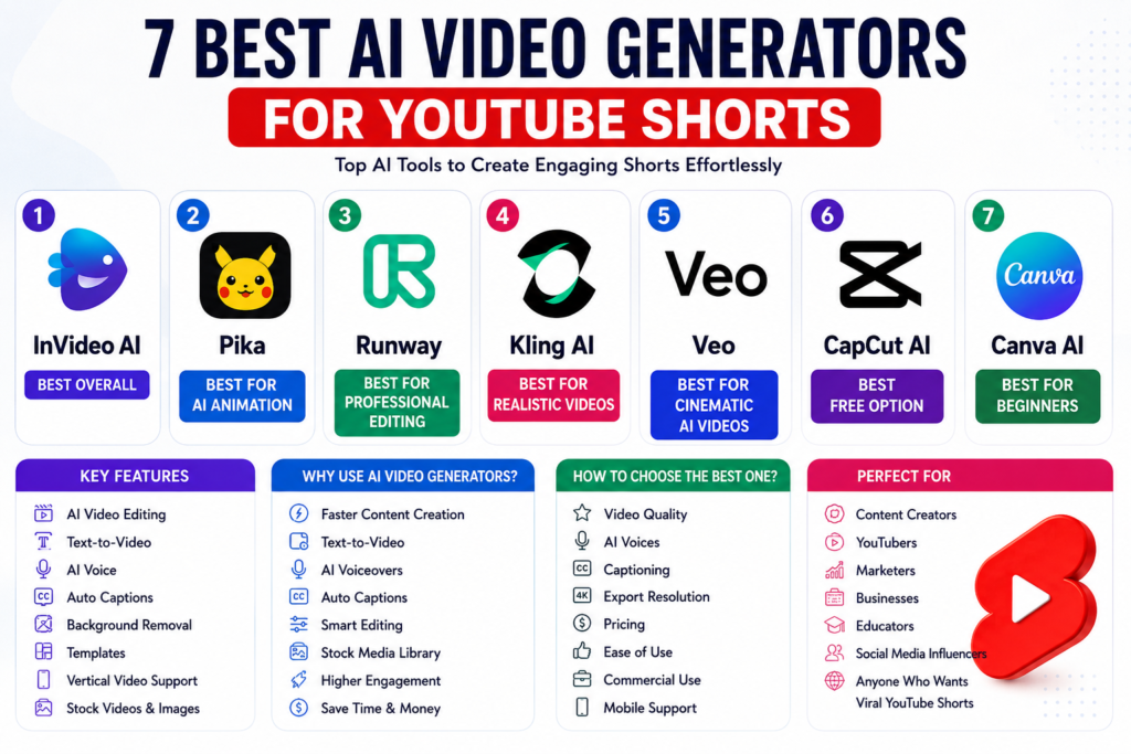 Best AI Video Generators for YouTube Shorts including InVideo AI, Runway, Kling AI, CapCut AI, Veo, Pika, and Canva AI